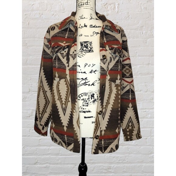 Aztec Print Shacket Womens LG Brown Button Front Pockets Boho Western Rodeo - Picture 1 of 4